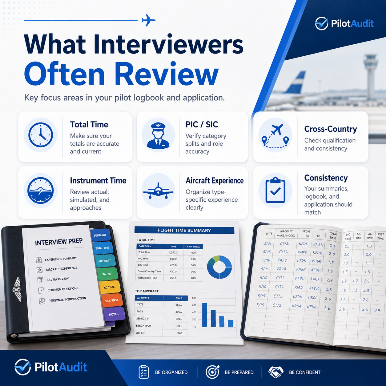 A graphic showing thing that airline interview recruiters look for in a pilot logbook