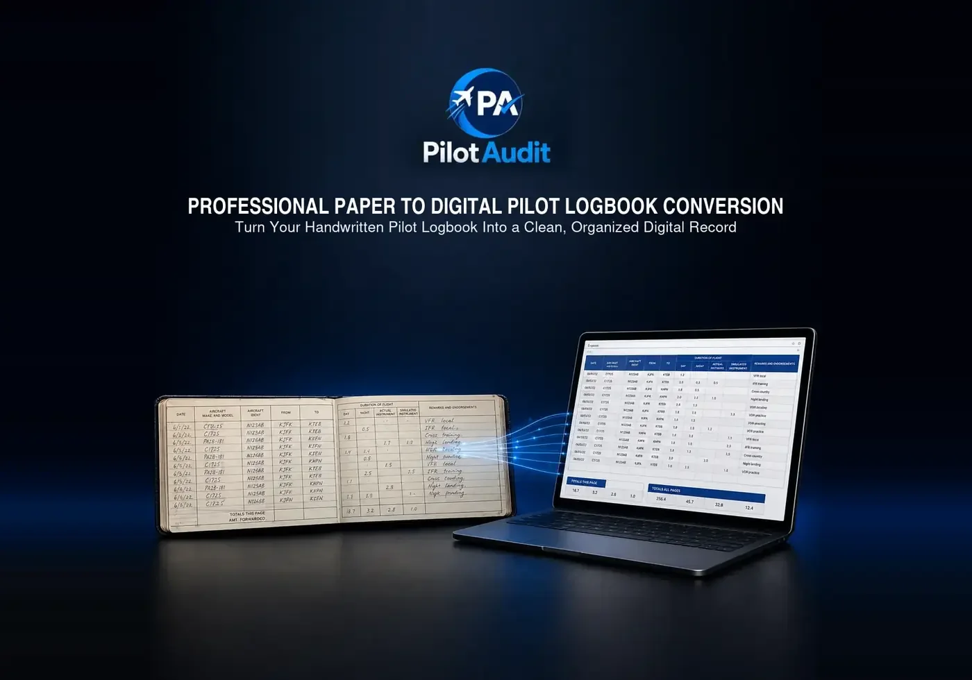 Handwritten pilot logbook being converted into an organized digital flight record on a laptop.