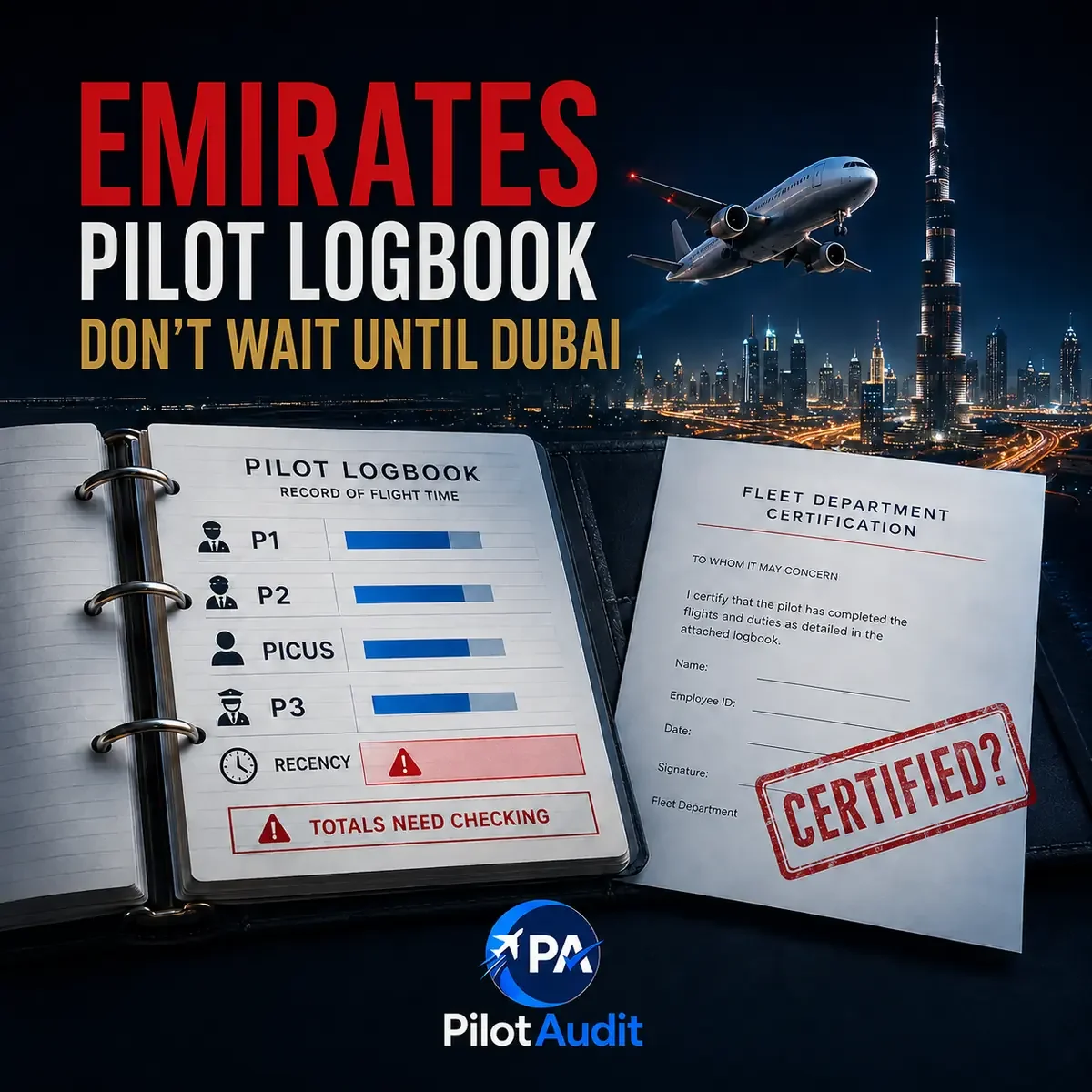 Emirates pilot logbook with certification letter, flying-hour categories and Dubai skyline before assessment.