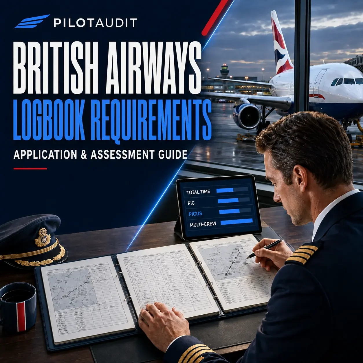 British Airways pilot reviewing a flight-time logbook for a UK airline application and assessment
