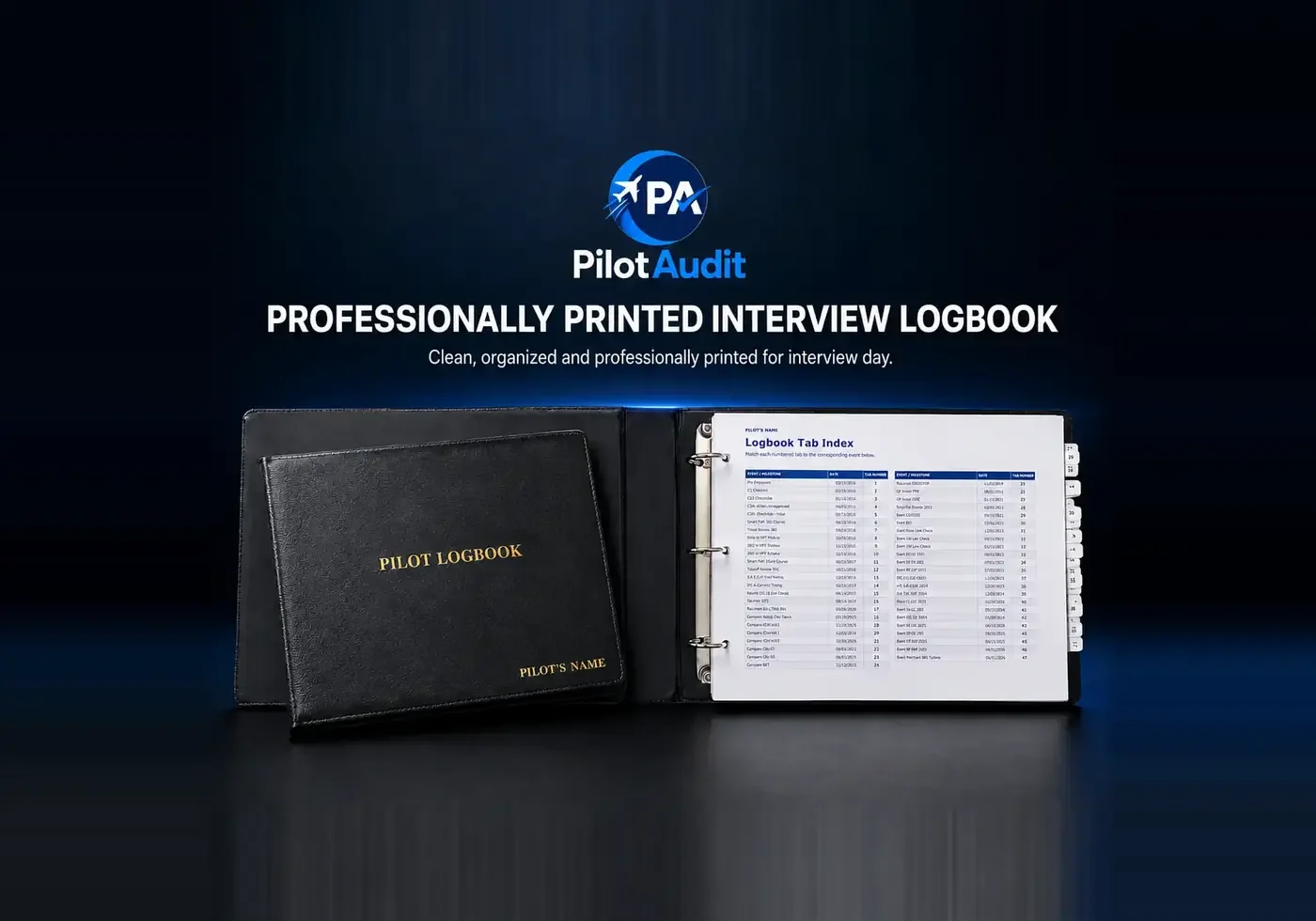 Professionally printed pilot interview logbook with a presentation binder, tabbed pages, and organized index.