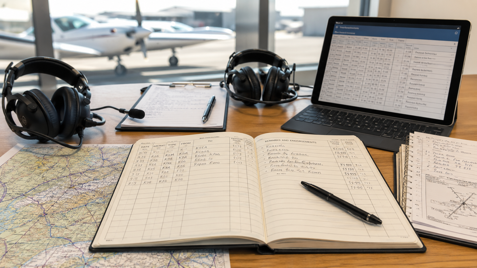 sitting at a desk with a pilot headset and sectional logging flight time