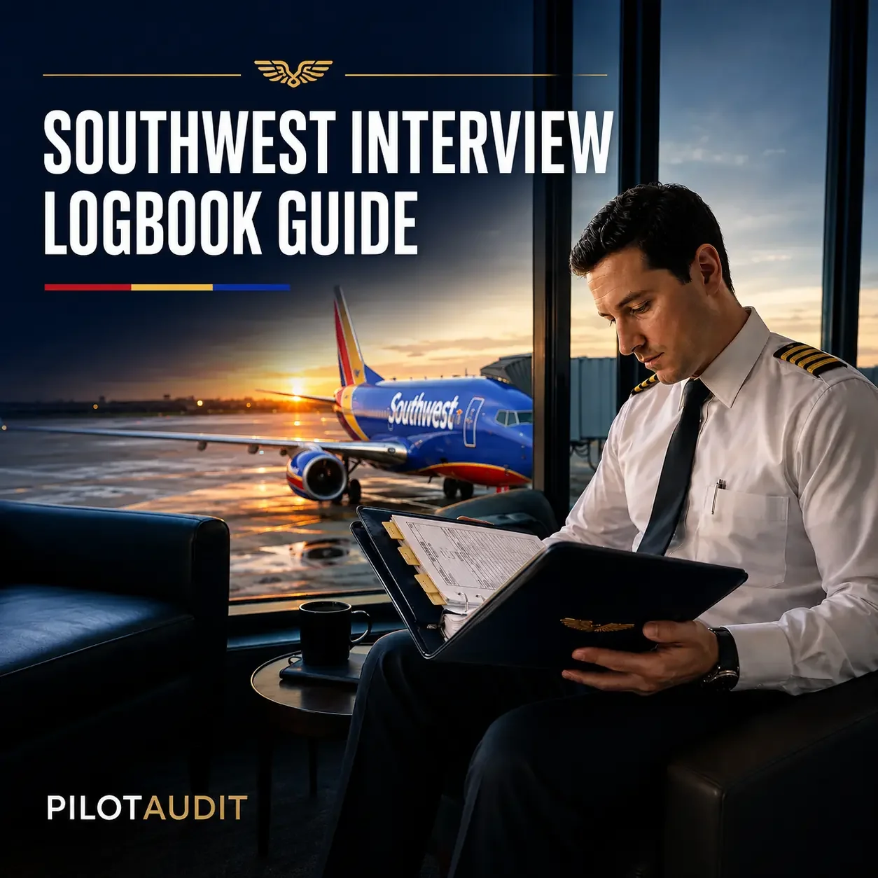 Southwest Airlines pilot reviewing a tabbed logbook before an interview with a Southwest aircraft at the gate.