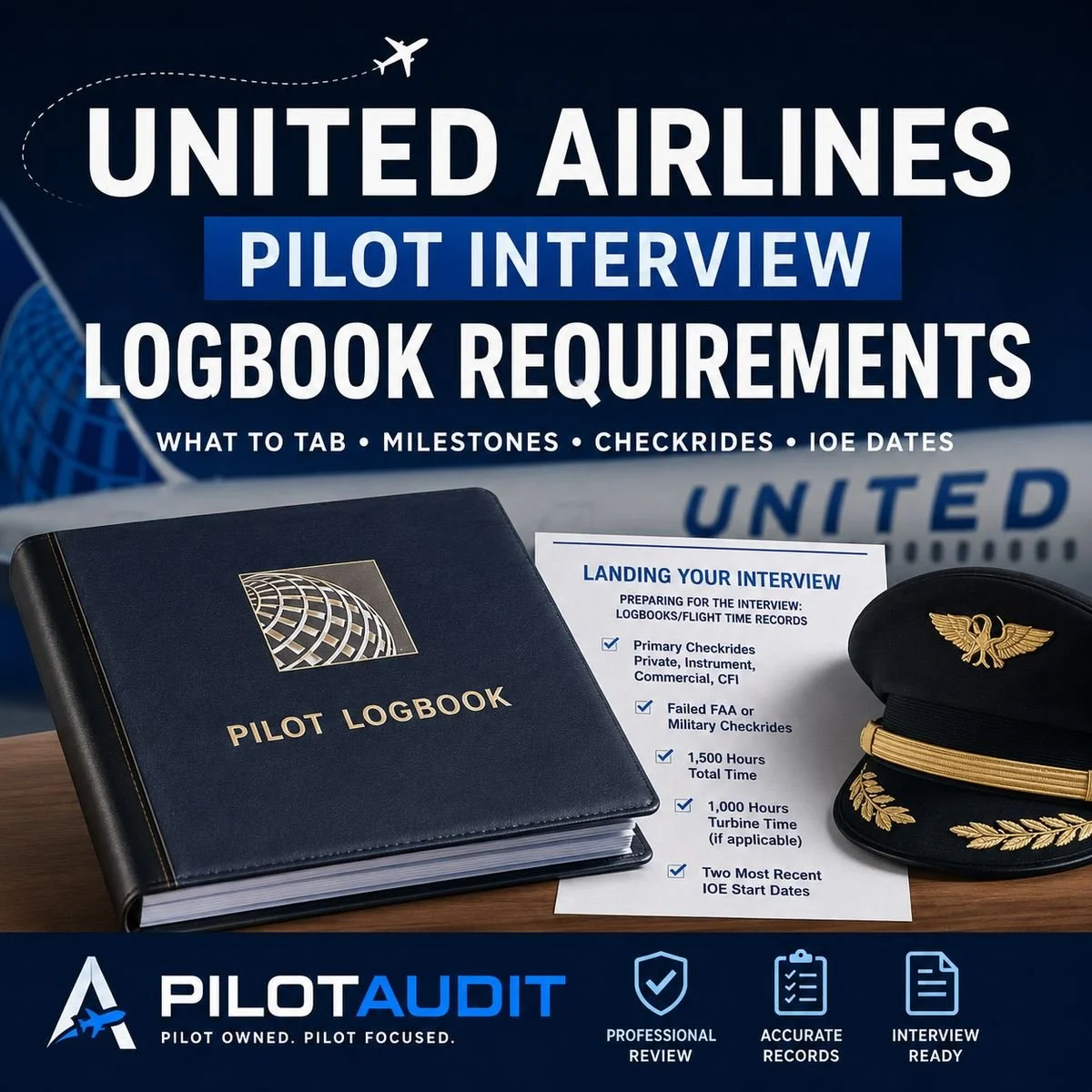 United Airlines pilot interview logbook requirements guide showing a pilot logbook, interview checklist, pilot cap, aircraft background, and PilotAudit branding.