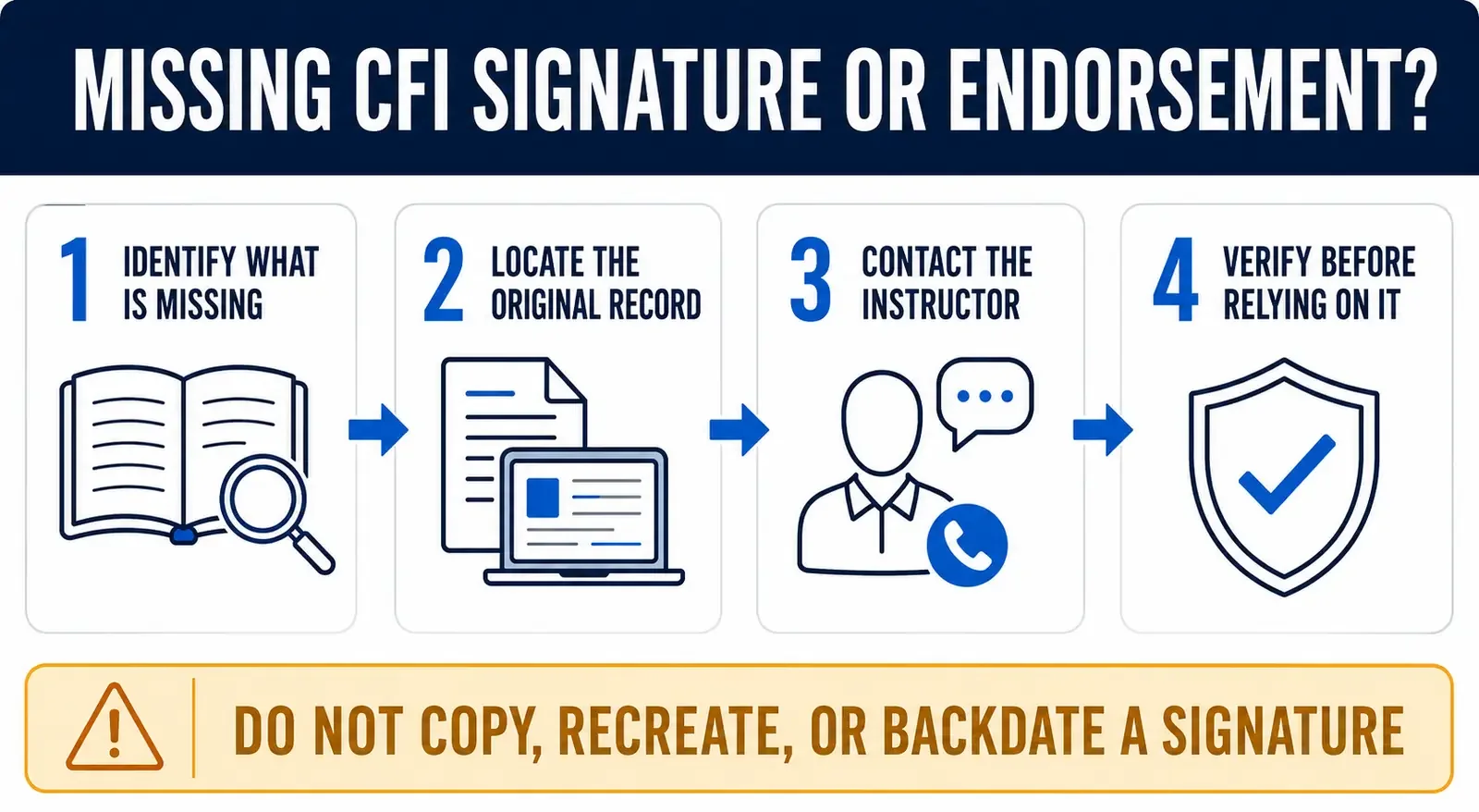 a graphic highlighting steps to resolving a missing logbook signature
