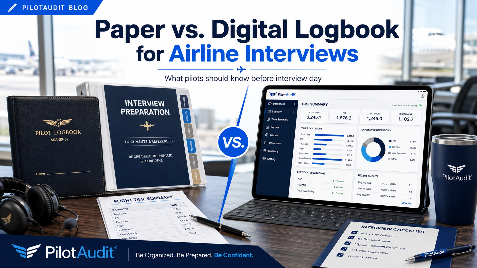 a graphic about paper vs digital logbook for airline interviews