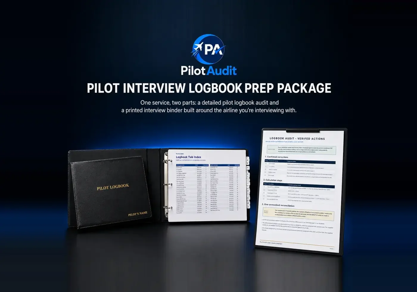 PilotAudit interview prep package with a printed logbook binder, tabbed index, and professional audit report.