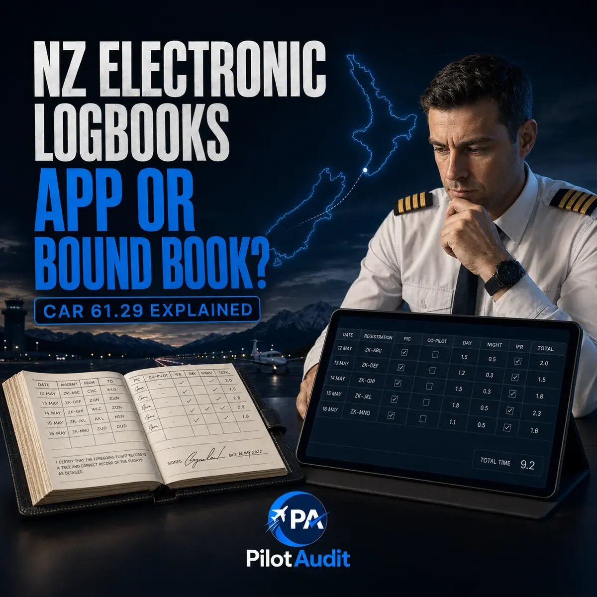 New Zealand pilot comparing a bound pilot logbook with an electronic flight record under CAR 61.29.