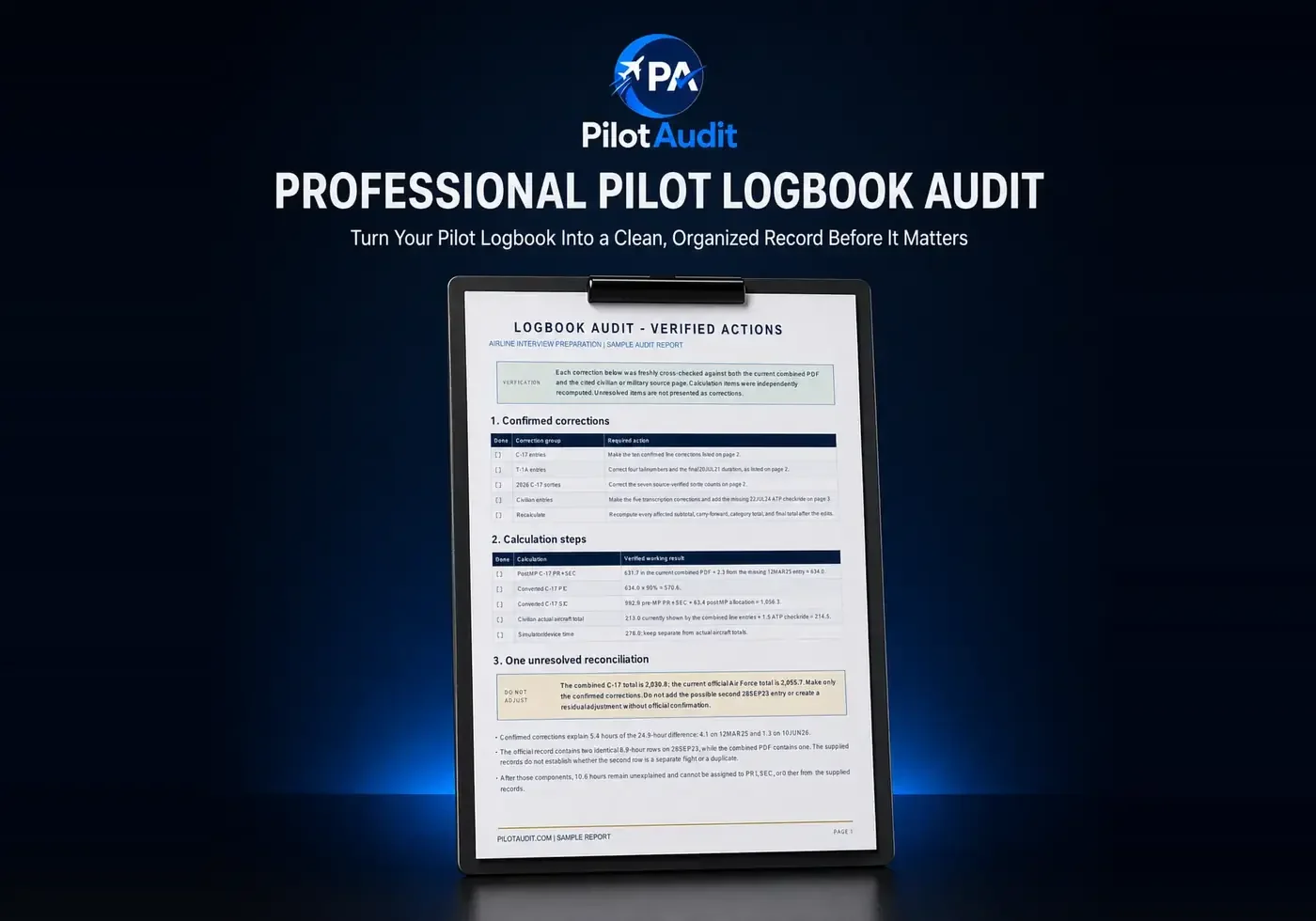 PilotAudit professional pilot logbook audit report displayed on a clipboard.