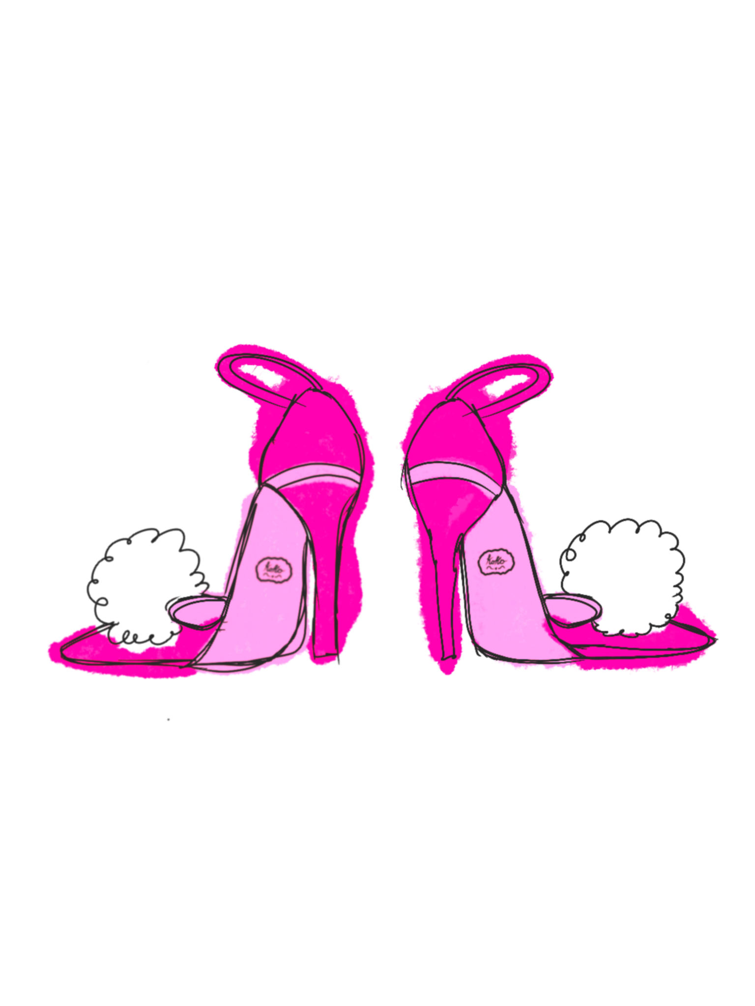 Sketch of pink high-heeled shoes with fluffy white pom-poms on the heels, viewed from the front. The shoes have closed toes and ankle straps.