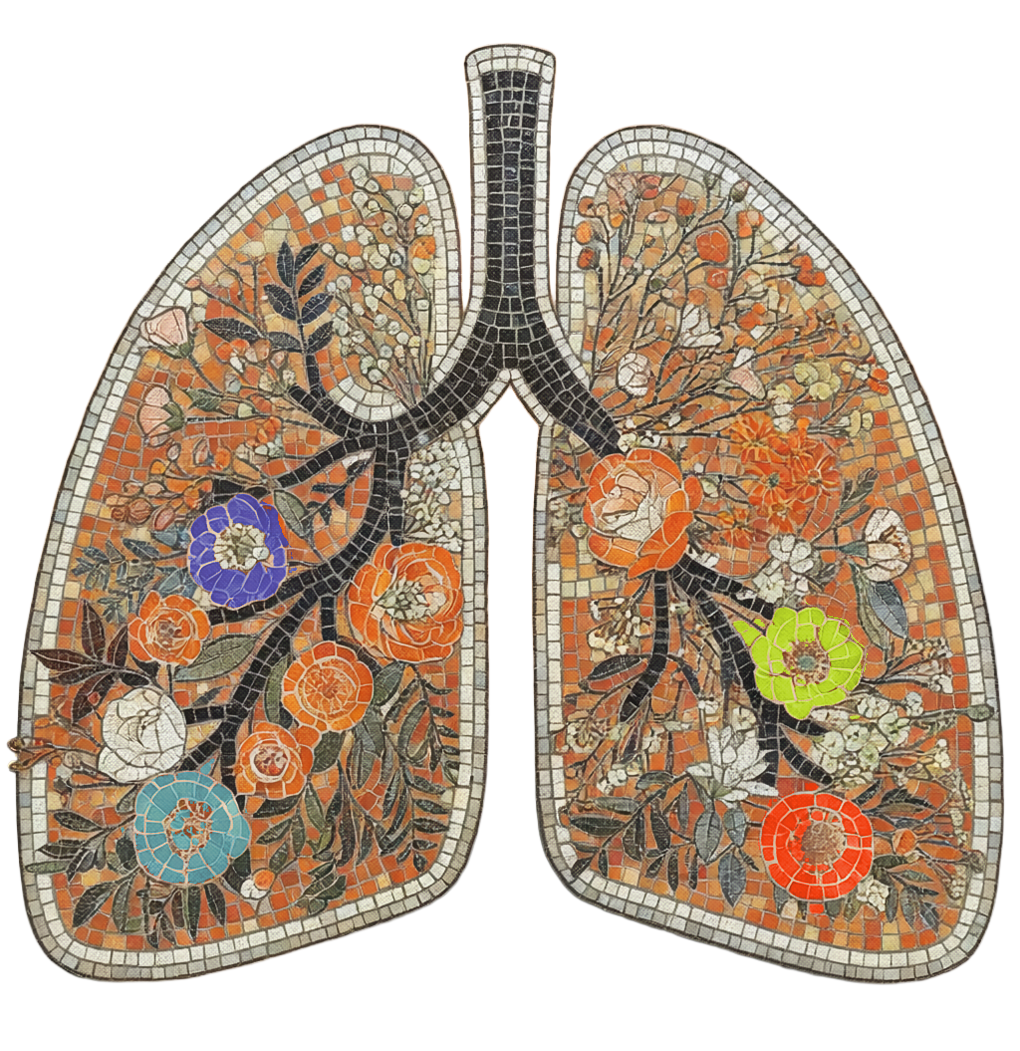 Mosaic artwork of human lungs with branching bronchi and colorful flowers and leaves inside the lung fields.