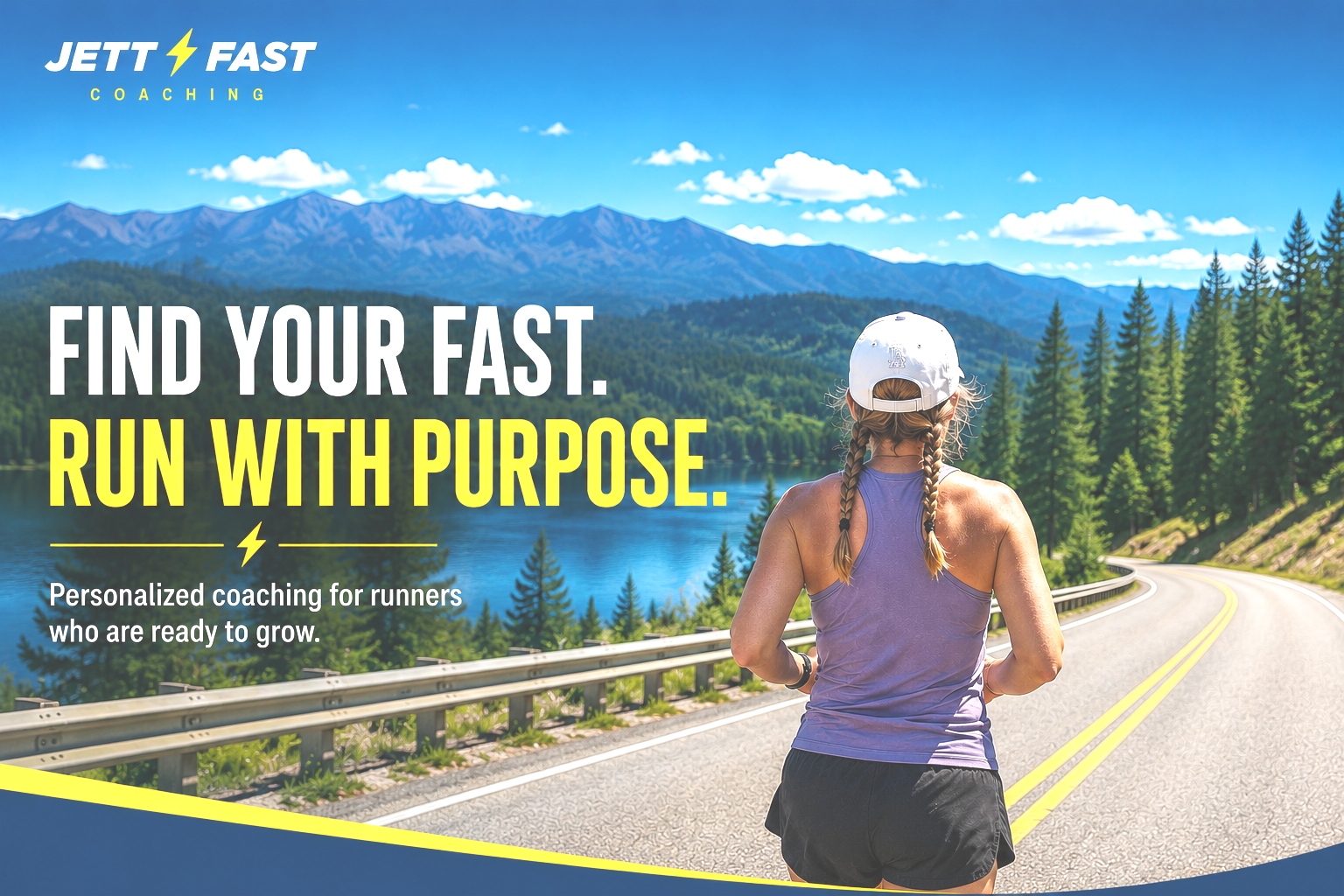 A woman running on a mountain road beside a lake surrounded by trees and mountains with a blue sky, promoting JETT FAST COACHING for runners.