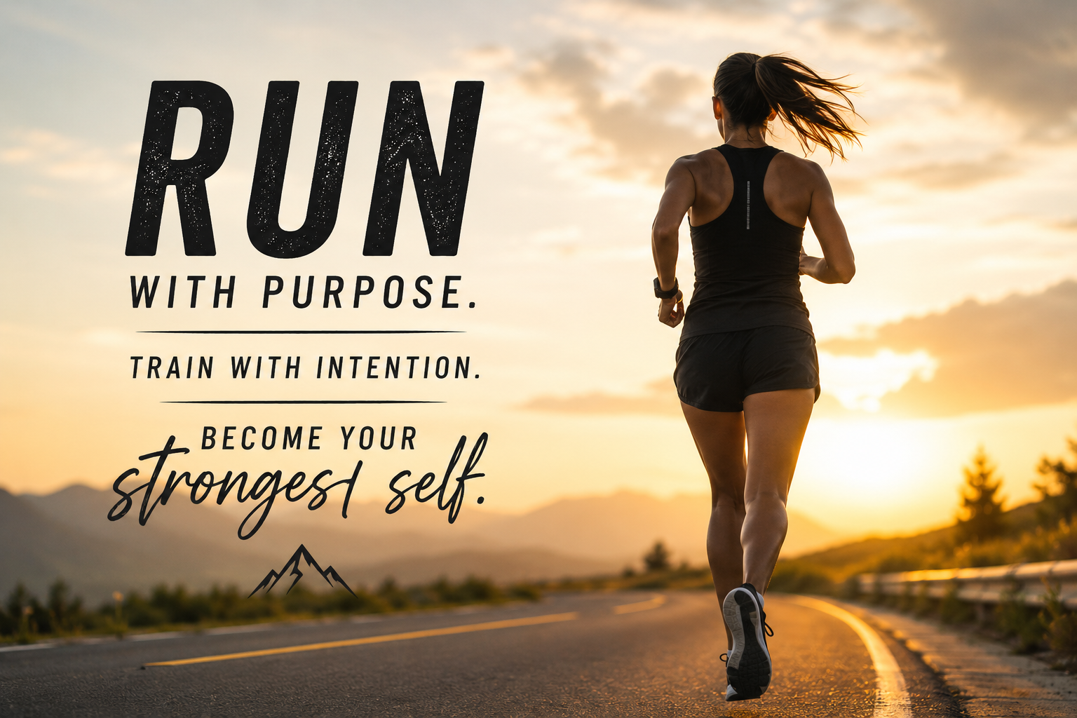 A woman running on an open road at sunset with motivational text about purposeful running and self-strength.