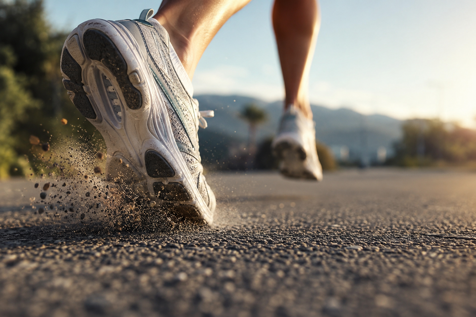 Close-up of a person running in athletic shoes on a paved path, with dirt and gravel kicking up behind and mountains in the background at sunset.