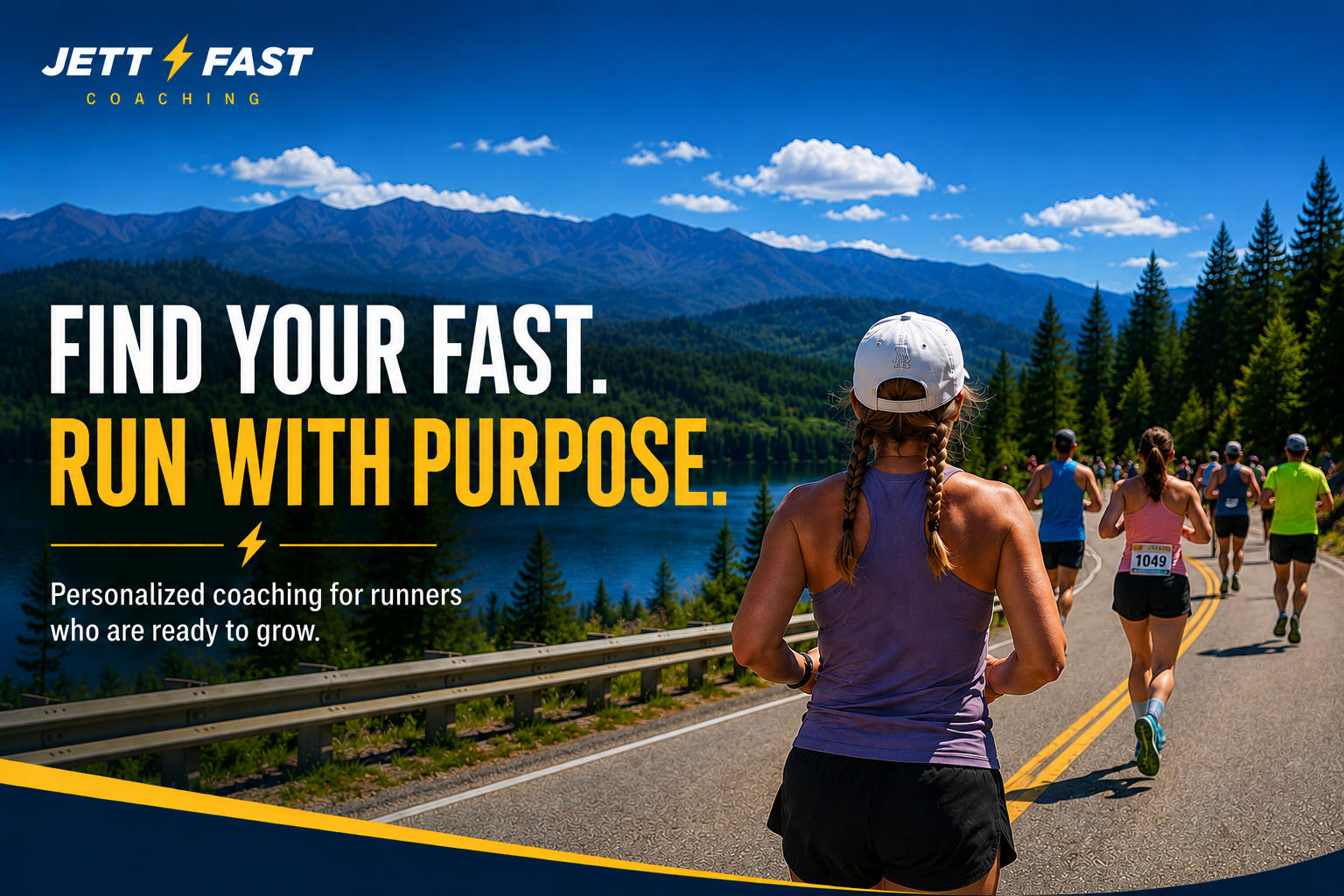 A group of runners participating in a race on a scenic mountain road with trees and mountains in the background, seen from behind a woman with braids wearing a purple tank top and a white cap.