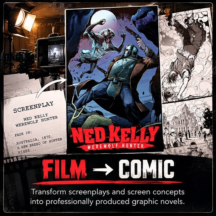 Poster promoting the transition from screenplay to comic book, featuring Ned Kelly as a werewolf hunter with a graphic novel style illustration, screenplay notes, and a cityscape background.