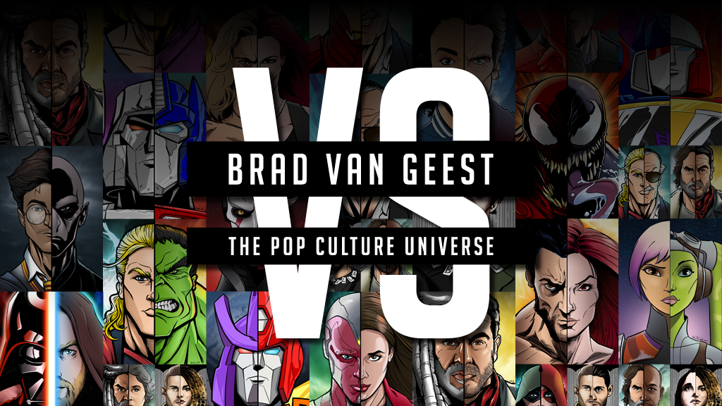Collage of various animated comic book characters from pop culture, with the title "V12 Brad Van GEST: The Pop Culture Universe" overlaid.