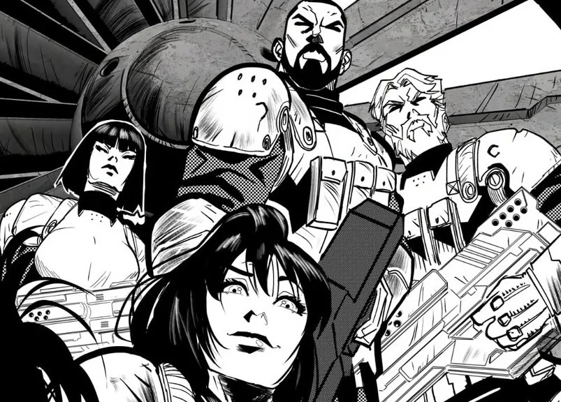 Black and white illustration of five characters in futuristic armor, with serious and stern expressions, standing in front of large machinery or spaceship in background.