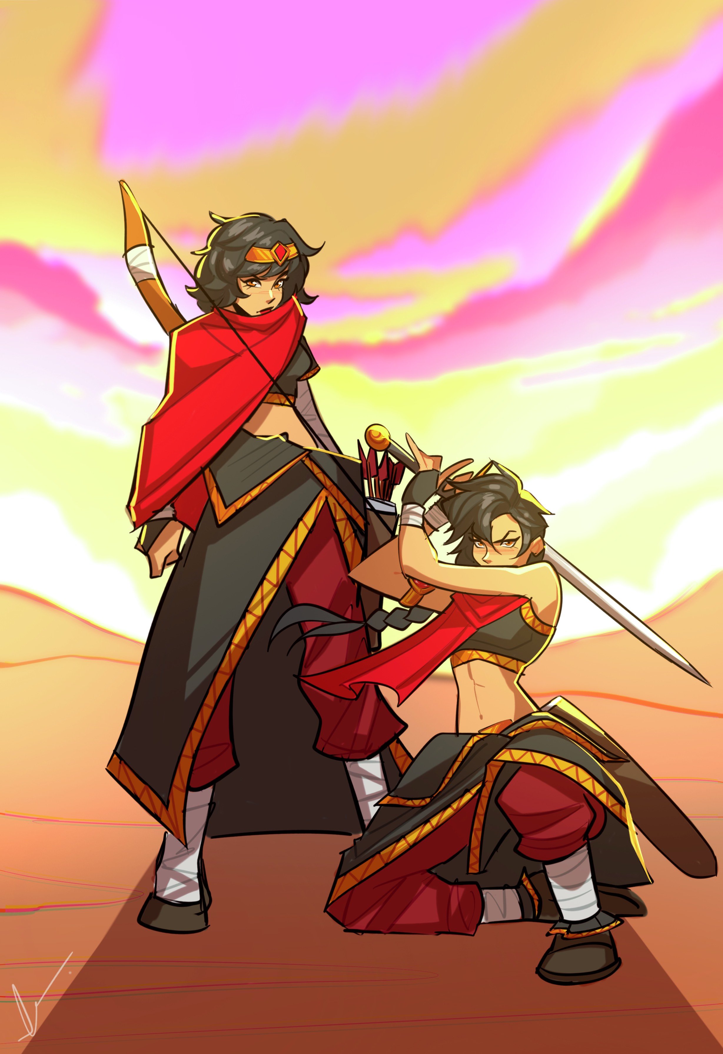 Two characters dressed as archers or warriors, wearing red and black armor with gold accents. One is standing with a bow, and the other is kneeling on the ground, holding a sword. The background features a colorful sunset with pink, purple, and yellow clouds.