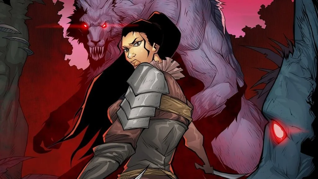 A fierce female warrior with long black hair, armor, and a determined expression, standing in front of a menacing werewolf with glowing red eyes and sharp teeth. Behind her is a large, ominous wolf with glowing eyes, set against a dark, red-toned background.