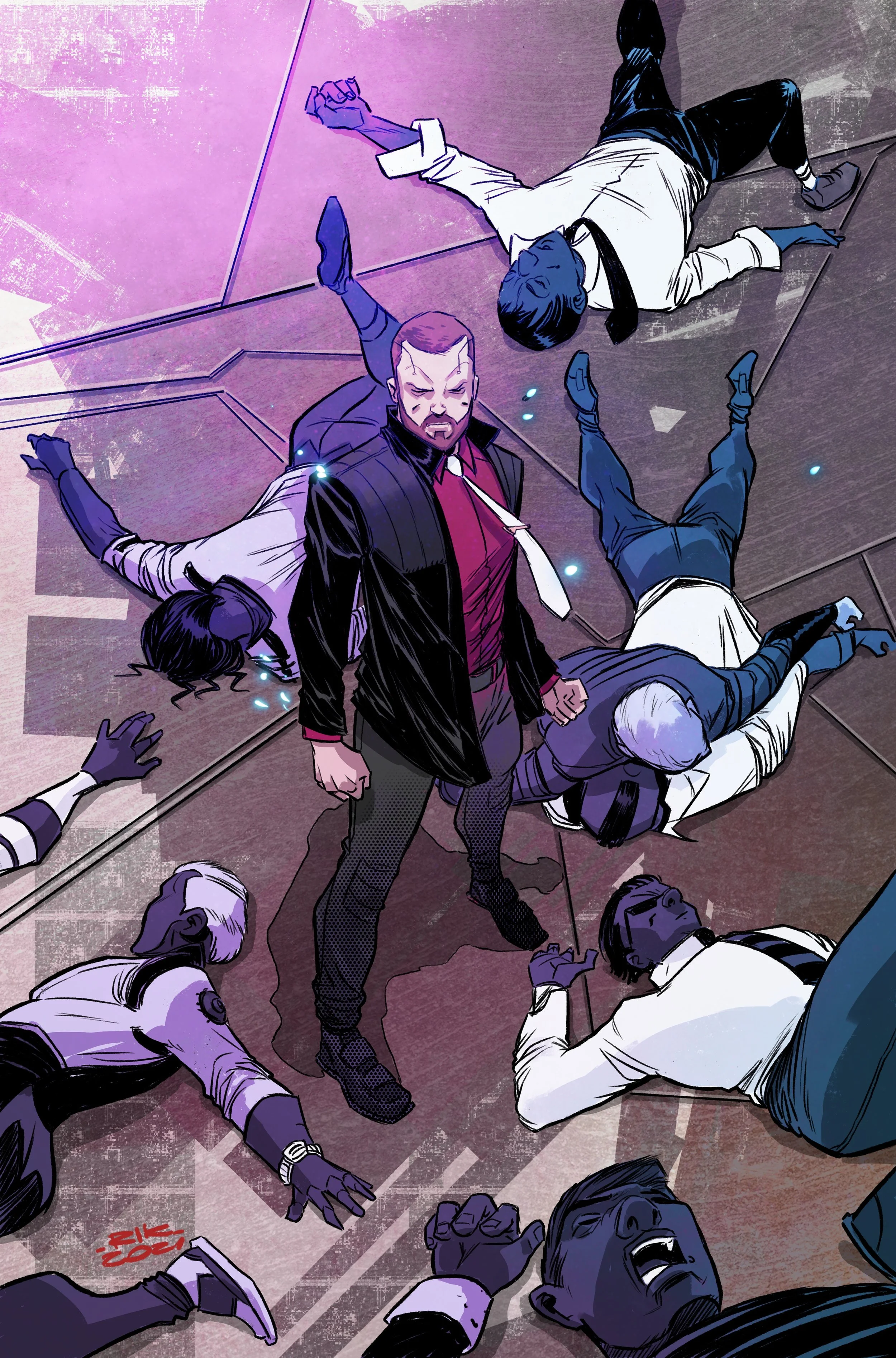 A cartoon-style illustration depicting a man in a business suit standing confidently amidst a group of people, some of whom are lying on the ground appearing unconscious or dead. The scene appears chaotic with a purple and pink background.