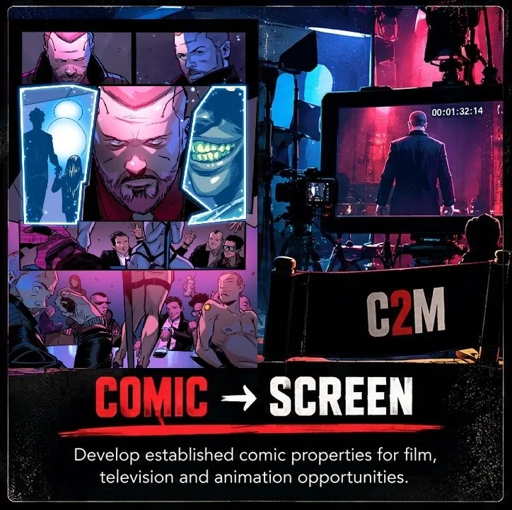 Comic book art creating a film or TV scene of a man in a suit standing in front of a red background with a camera crew, with panels depicting characters and scenes, and a sign reading "C2M" in front of the production set.