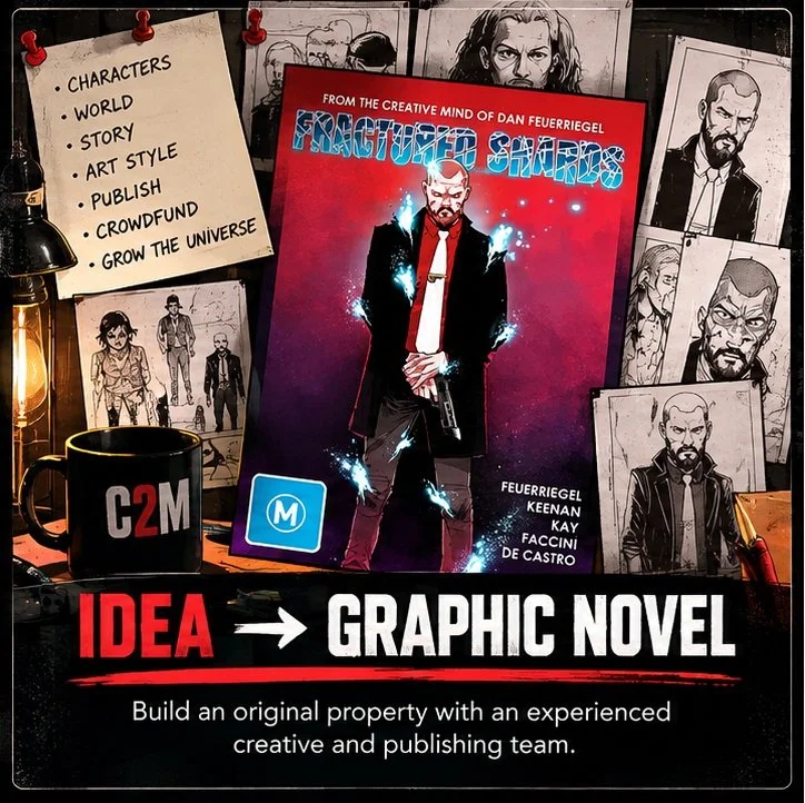 A collection of comic book sketches and artwork surrounding a large poster for a graphic novel titled 'Fractured Shadows' by Dan Feuerriegel and team. The display includes character sketches, concept art, and a black mug with 'C2M' on it, with a warm light bulb illuminating the scene.