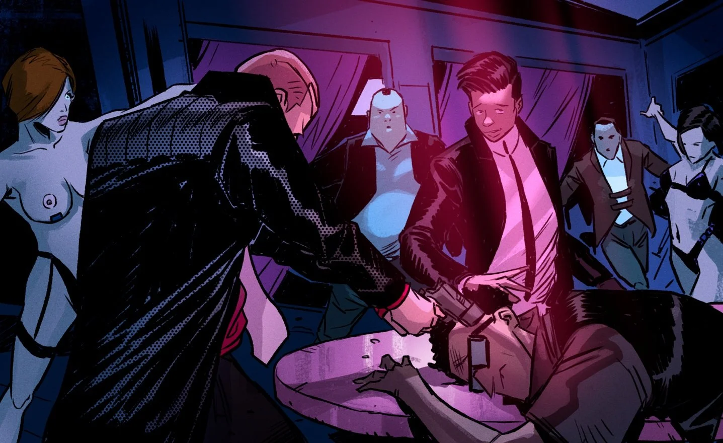 Comic-style illustration of a robbery in a room with several women, some topless, and a man being forced to give money at gunpoint.