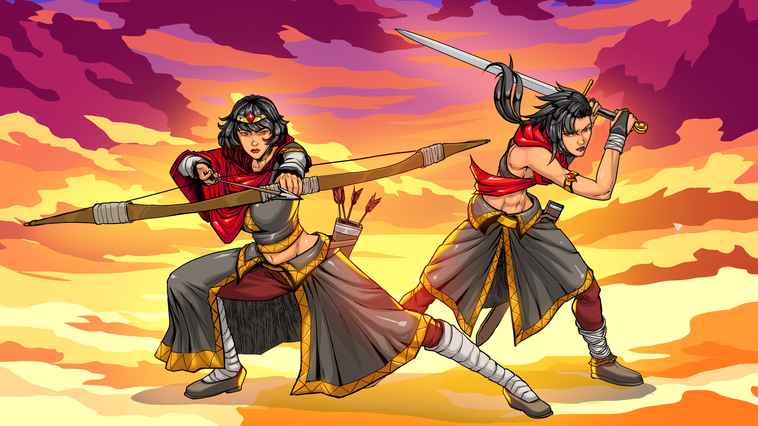 Two women with dark hair and fierce expressions, dressed in warrior costumes, wielding a bow and sword against a vibrant sunset sky.