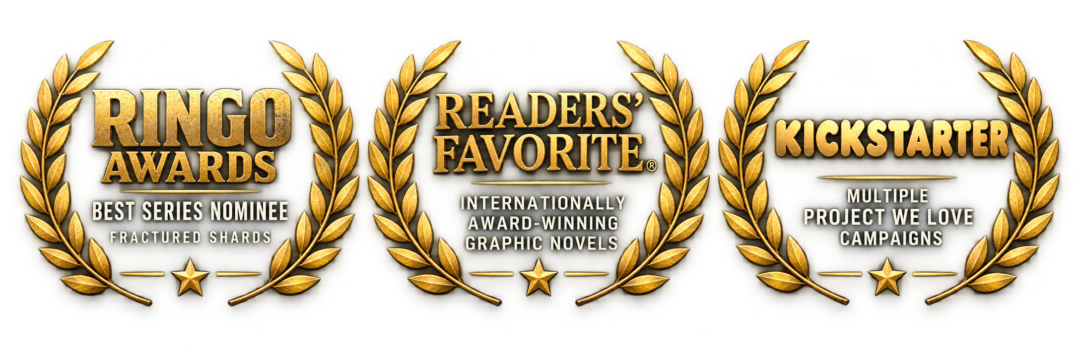 Gold award badges with wheat wreaths and star accents, featuring the text 'Ringo Awards,' 'Readers' Favorite,' 'Kickstarter,' and descriptions of award categories such as 'Best Series Nominee,' 'Internationally Award-Winning Graphic Novels,' and 'Multiple Project We Love Campaigns.'