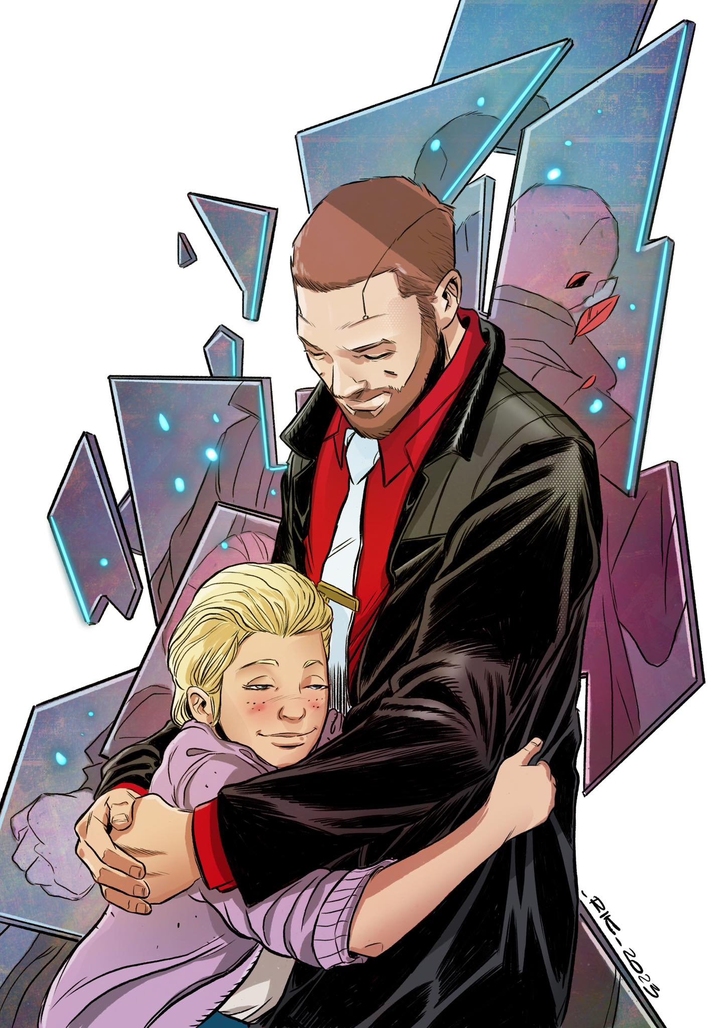 A digital illustration showing three people hugging, including a man with a beard and brown hair, a young girl with blonde hair, and a person with black hair. The background has geometric shapes and glowing blue accents.