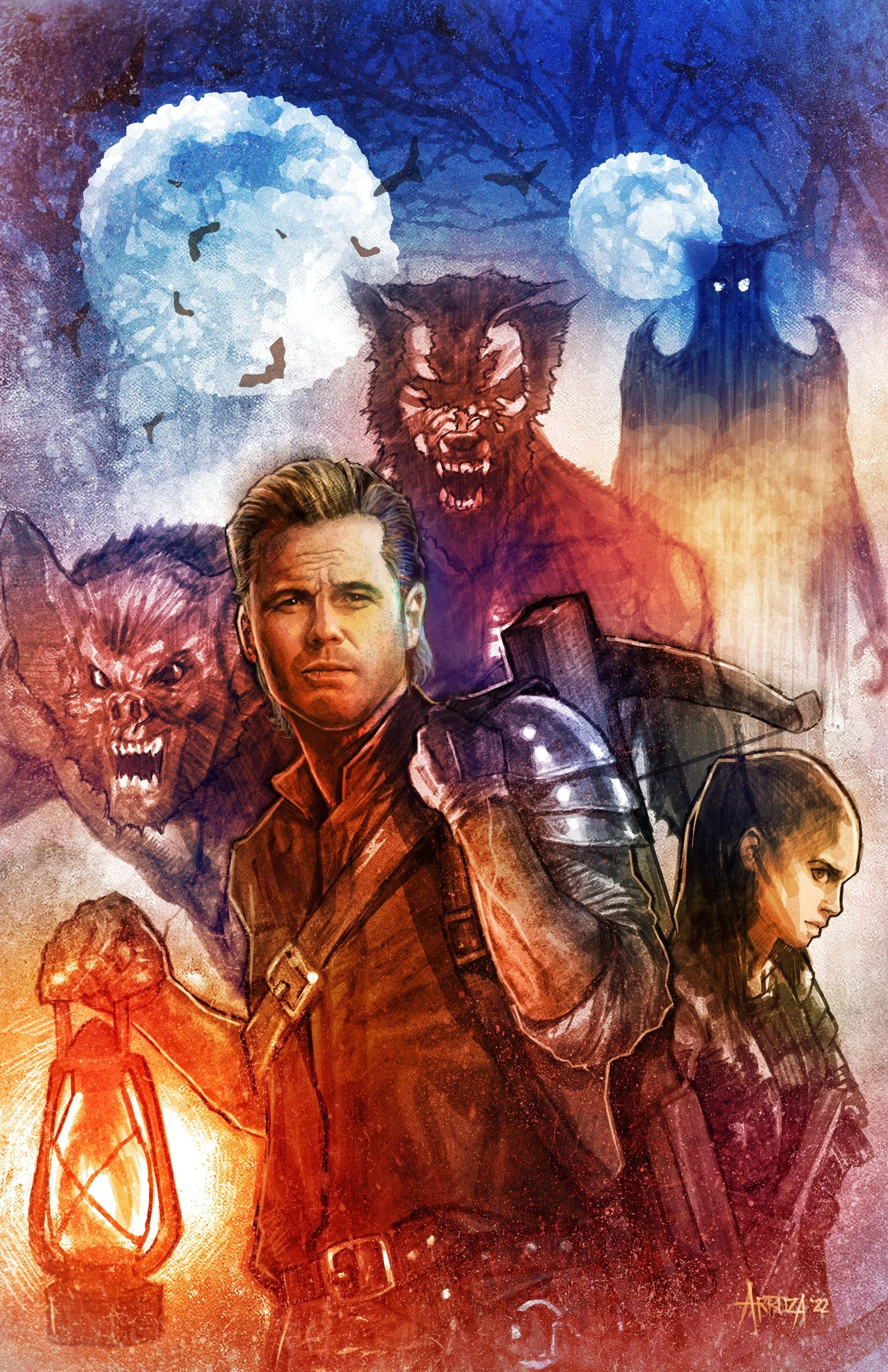 A watercolor painting of several characters from Marvel's Guardians of the Galaxy including Star-Lord, Gamora, Rocket, Groot, Drax, and Mantis, with cosmic background elements and large moon-like shapes.