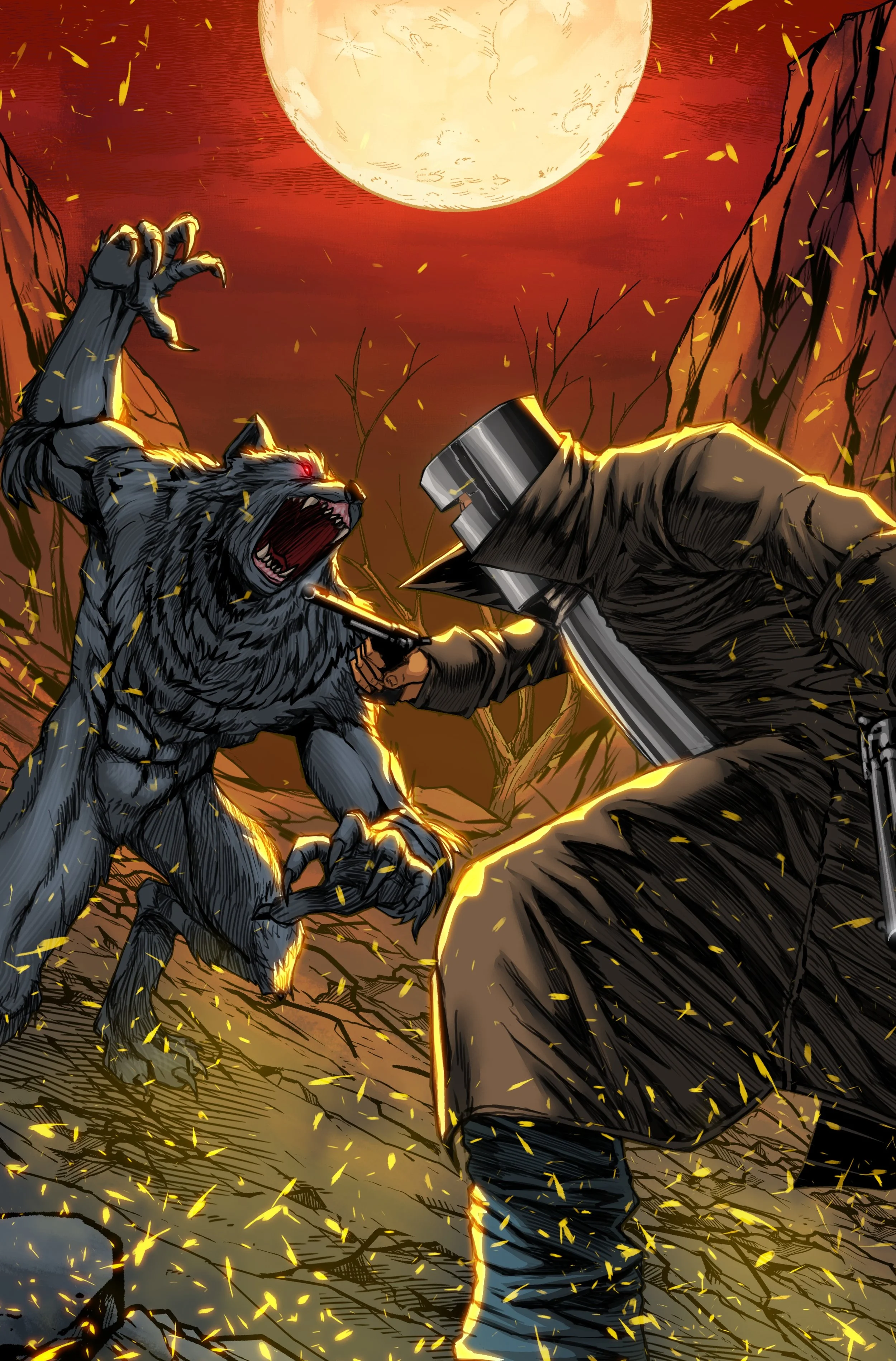 A fierce fight between a human holding a gun and a snarling wolf with red eyes during a full moon night, with a background of rocky cliffs and dark red sky, and sparks flying through the air.