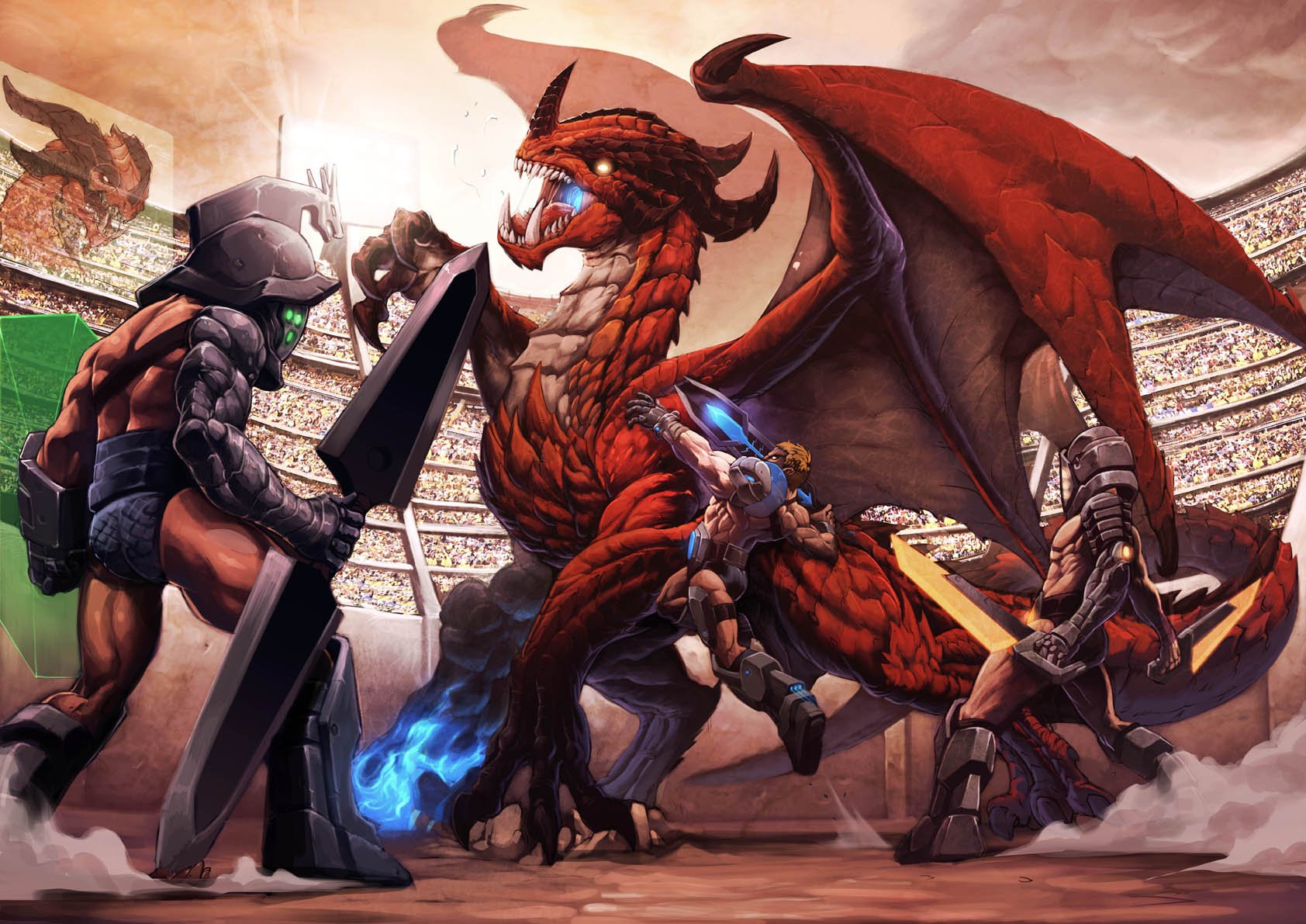 A digital illustration of two armored video game characters fighting a large, red, winged dragon with glowing eyes in a stadium filled with spectators.
