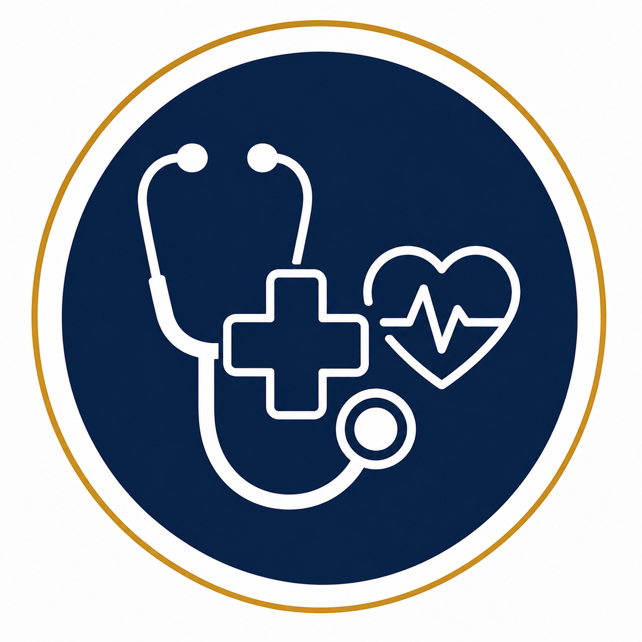 Medical icon with stethoscope, medical cross, and heart with heartbeat line inside a dark blue circle with a gold border.
