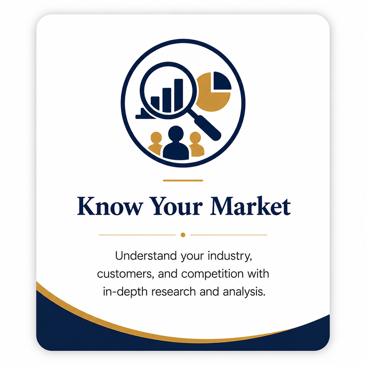 Book cover titled "Know Your Market" with a graphic of a magnifying glass over bar and pie charts, and three people icons, with a subtitle about understanding industry, customers, and competition through research and analysis.