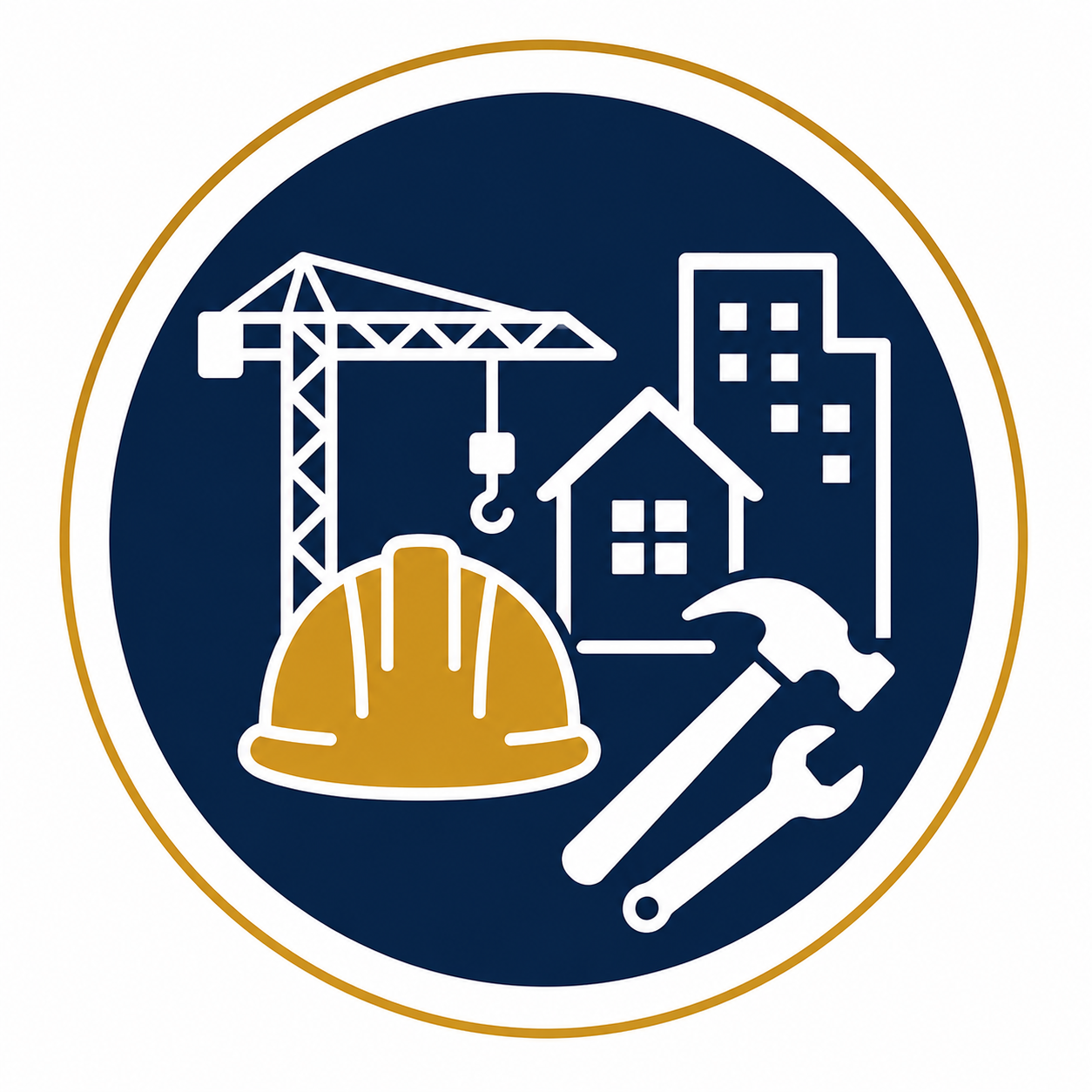 Construction badge with a crane, a house, a high-rise building, a helmet, a hammer, and a wrench on a dark blue background.