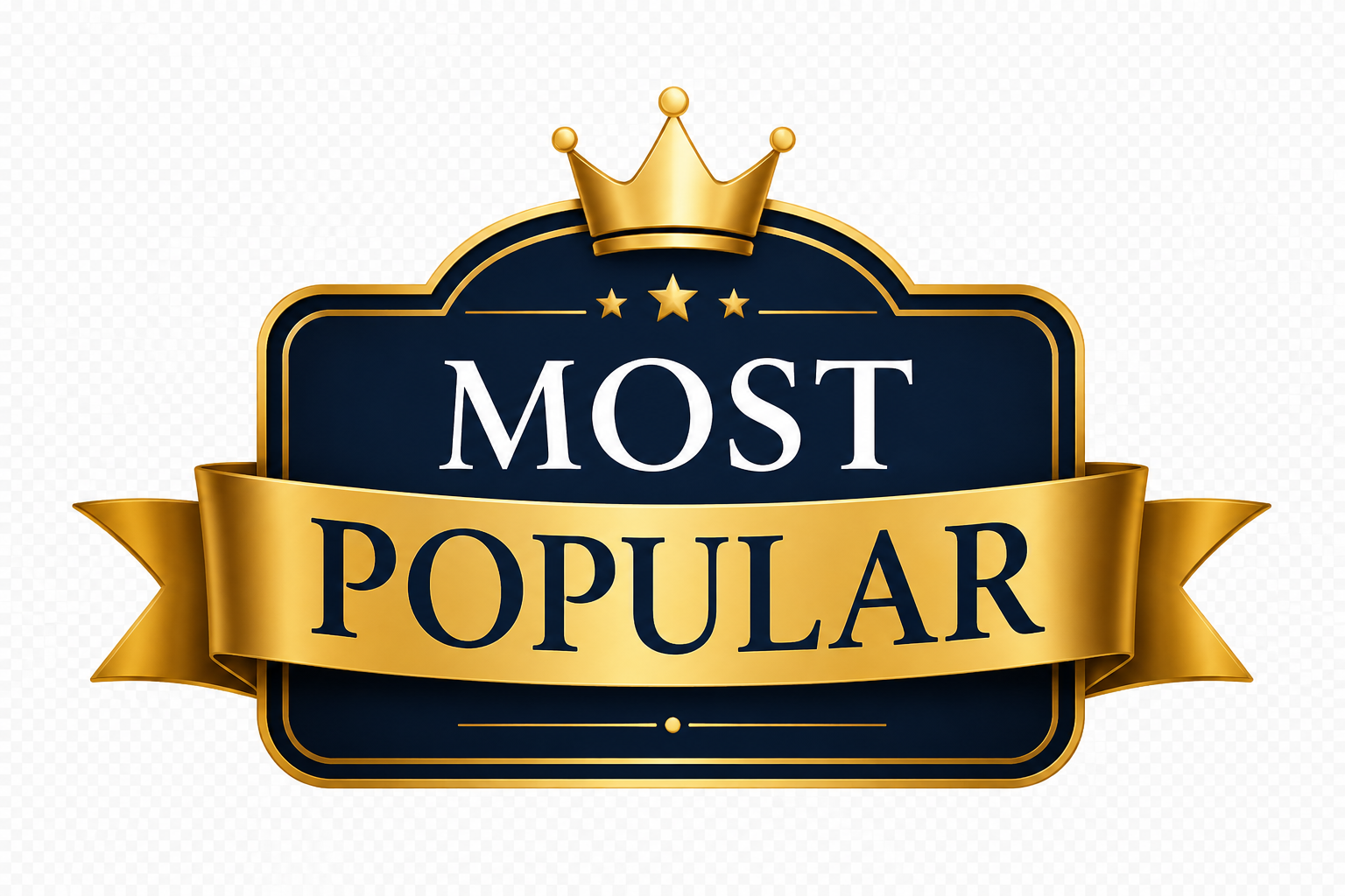 A graphic badge with a dark blue background, gold border, a gold crown at the top, and a gold ribbon across the middle. The badge reads 'Most Popular' in white letters.