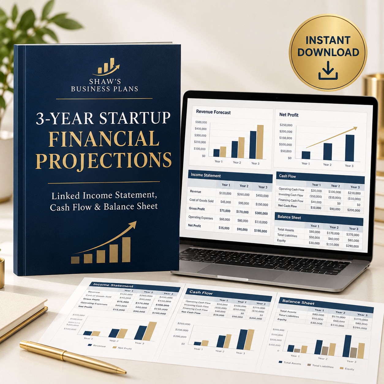 3-Year Startup Financial Projections Spreadsheet | Linked Income Statement, Cash Flow & Balance Sheet