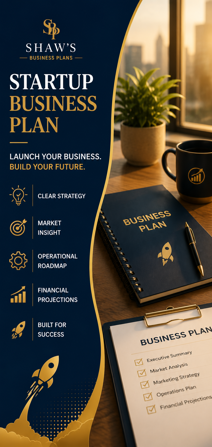 Front cover of a startup business plan booklet with a rocket icon, alongside a meeting table with a notepad, pen, coffee mug, and a potted plant, in front of a window showing city skyline at sunset.