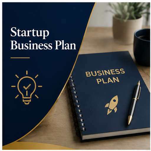 A startup business plan presentation slide and a notebook labeled 'Business Plan' with a rocket icon, pen, potted plant, and coffee mug on a desk.