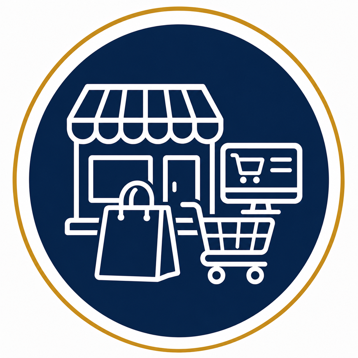Icon of a small shopping storefront with a shopping bag, a shopping cart with a digital screen showing a shopping cart icon, all inside a circular border.