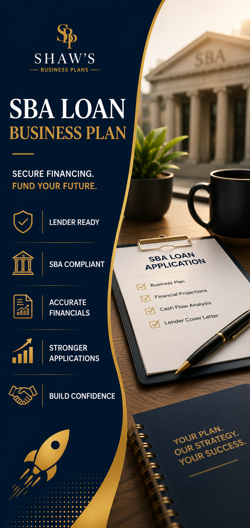 Flyer for Shaw's Business Plans promoting SBA loan services with features like lender readiness, SBA compliance, accurate financials, stronger applications, and confidence building. The flyer includes images of an SBA loan application form, a notebook, and a pen on a desk with a coffee mug, a plant, and a building in the background.