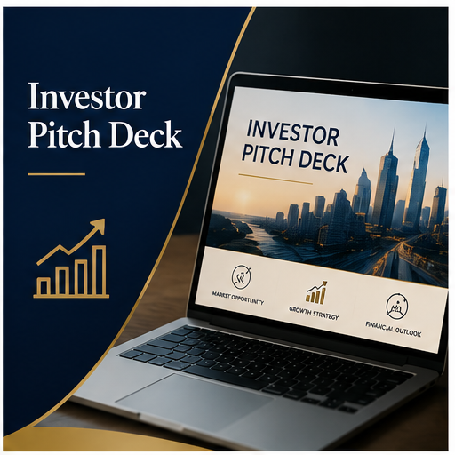 Cover slide of an investor pitch deck displayed on a laptop showing skyline of a city with tall buildings during sunset.