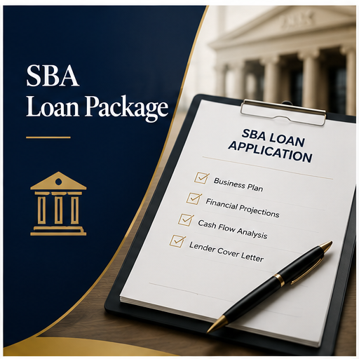 A document titled 'SBA Loan Application' on a clipboard with a pen, alongside a business-themed graphic and text 'SBA Loan Package' on a dark background.