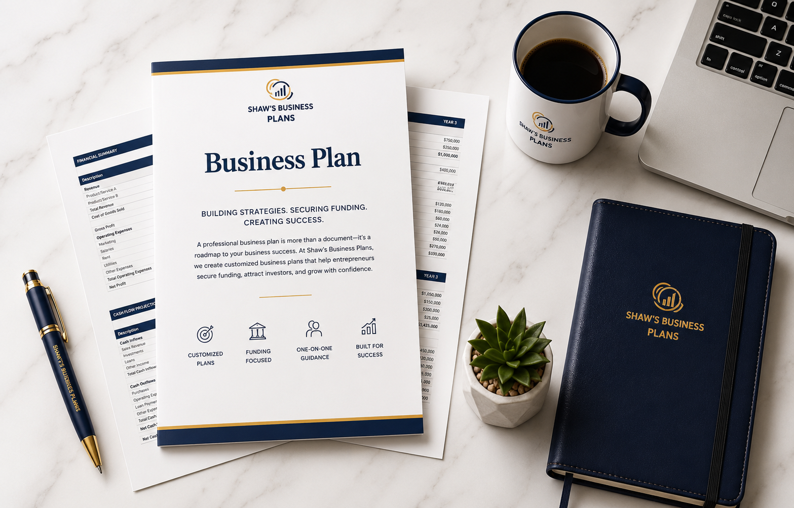 Business workspace with Shaw's Business Plans documents, a notebook, a pen, a coffee mug, a laptop, and a small plant on a white marble surface.
