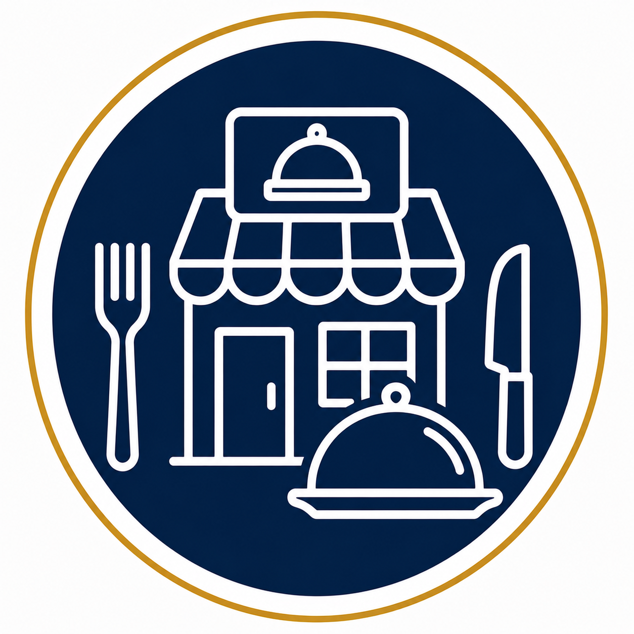 Logo of a restaurant with a building, fork, knife, and cloche on a dark blue background, encircled by a gold border.