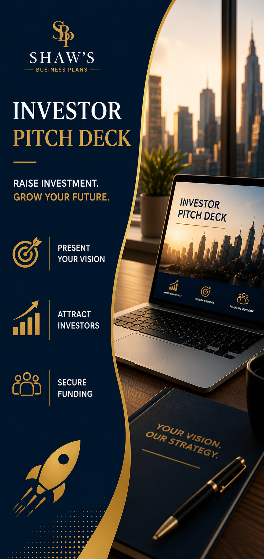 A promotional poster for Shaw's Business Plans Investor Pitch Deck featuring a city skyline with tall buildings and the Empire State Building at sunset, alongside a laptop displaying the pitch deck, a plant, a notebook with the text 'Your Vision. Our Strategy.', and a pen.