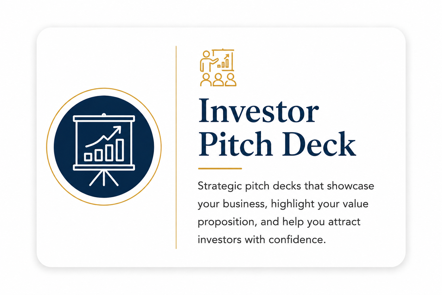 Cover image titled "Investor Pitch Deck" with an icon of a presentation chart showing an upward trend, and text describing strategic pitch decks that showcase a business, highlight value propositions, and attract investors with confidence.