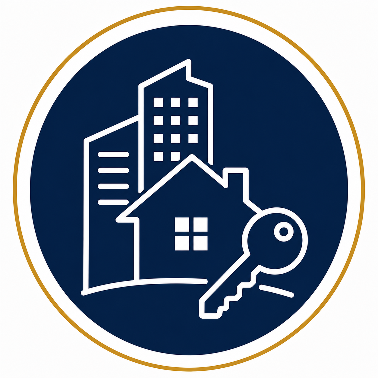 Icon representing real estate with buildings, a house, and a key.